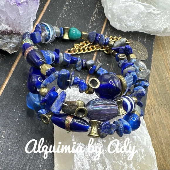Brass vintage elements lapis lazuli wrap around bracelet chunky maximalist - Picture 2 of 3